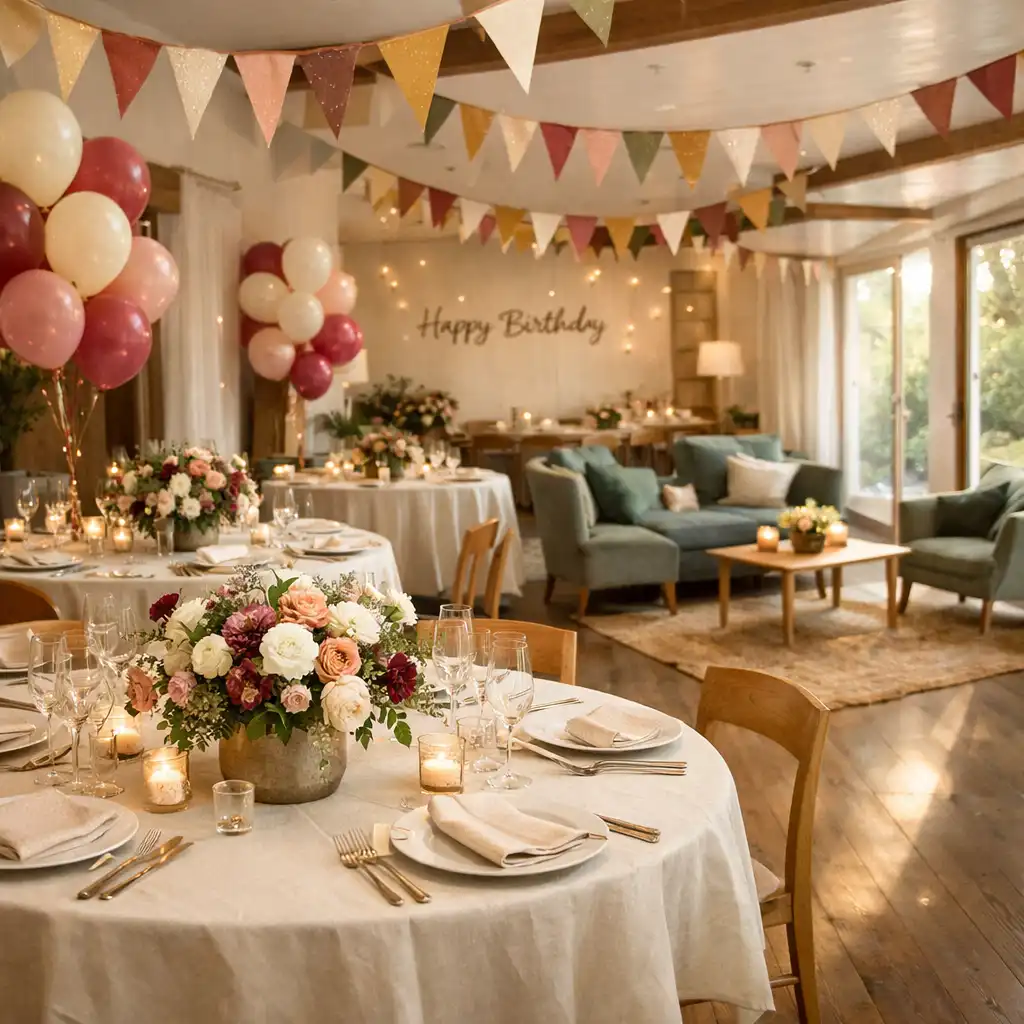 Espace de réception décoré pour un anniversaire avec guirlandes, ballons et coin lounge