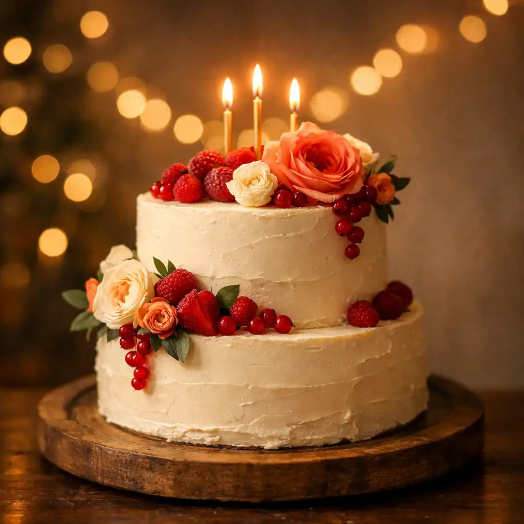 Gâteau d'anniversaire décoré de fleurs fraîches et de bougies