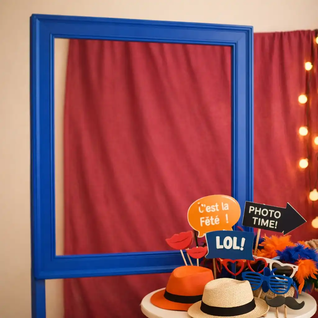 Coin photobooth avec cadre en bois et accessoires
