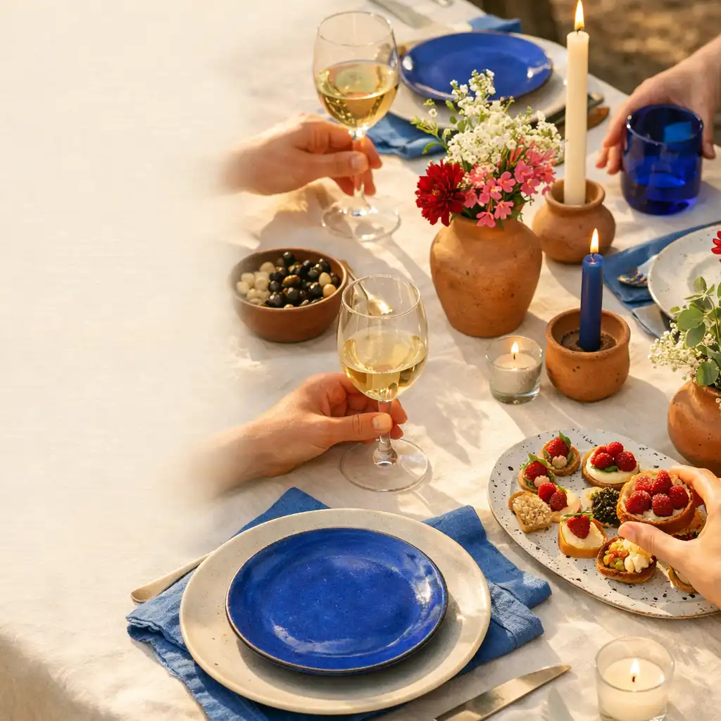 Table d'anniversaire chaleureuse dressée avec des fleurs, des bougies et des mains d'invités