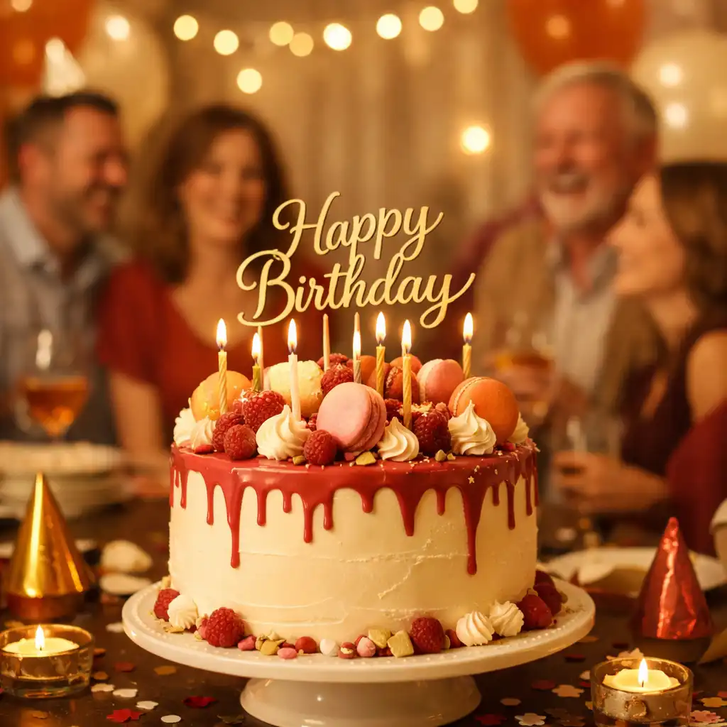 Gâteau d'anniversaire décoré entouré de ballons et de guirlandes lumineuses