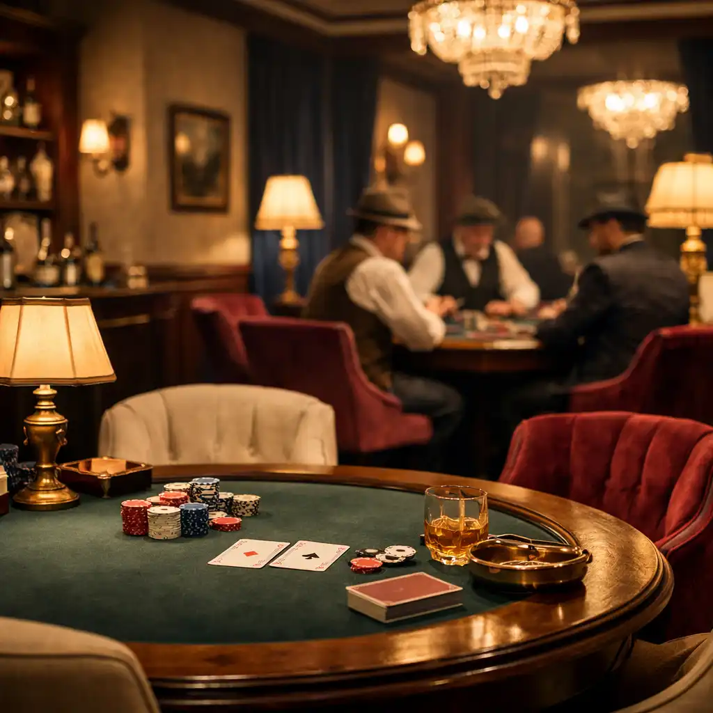 Salon feutré avec tables de poker en bois sombre, fauteuils confortables et éclairage tamisé