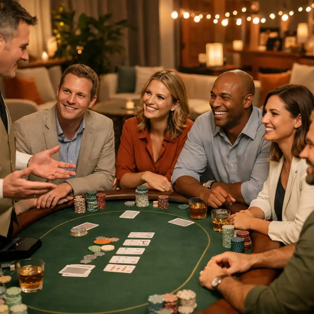 Soirée corporate autour d'une table de poker avec des participants souriants et un animateur