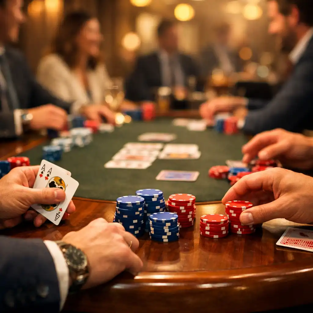 Table de poker élégante dans un cadre corporate chaleureux avec des mains de participants, des cartes et des jetons