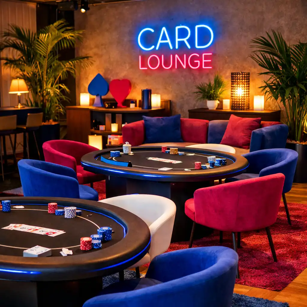 Espace événementiel corporate avec Card Lounge, tables de poker et éclairage tamisé