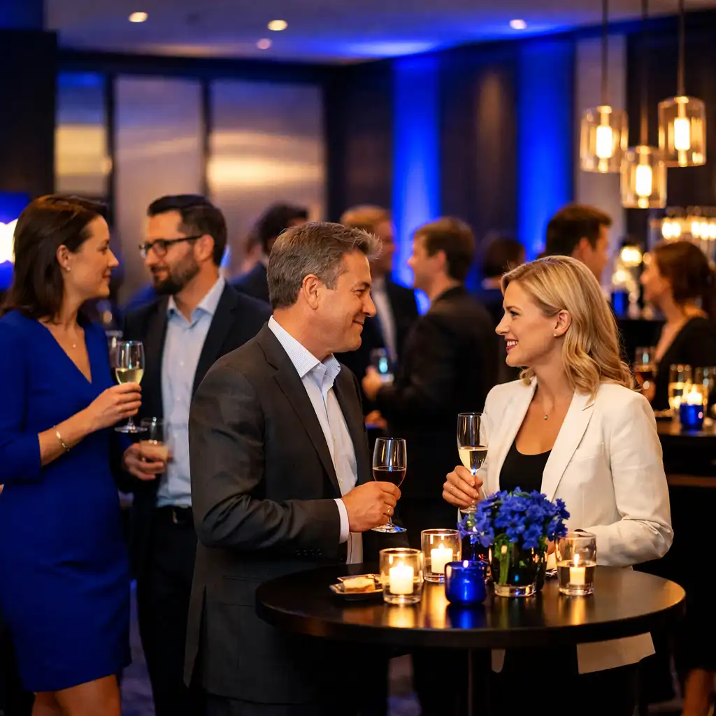 Professionnels élégants discutant autour d'un cocktail lors d'un événement corporate