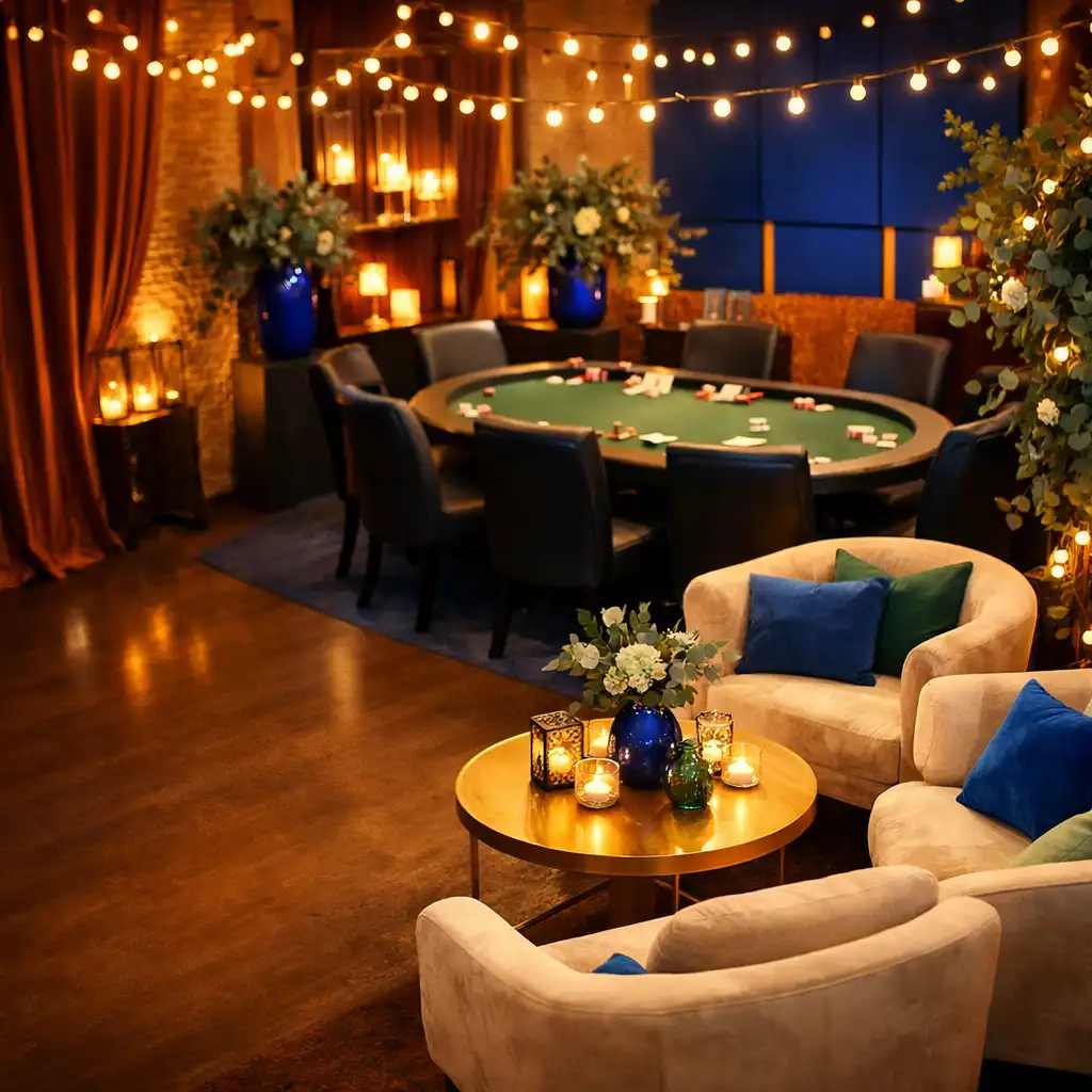 Espace événementiel privé élégant avec coin lounge et table de poker en arrière-plan