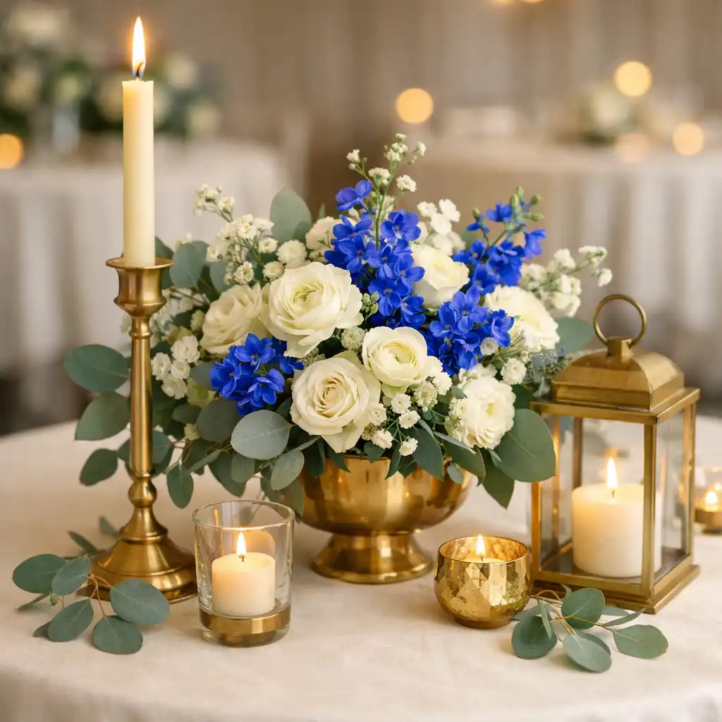 Centre de table avec fleurs fraîches, bougies et éléments en laiton