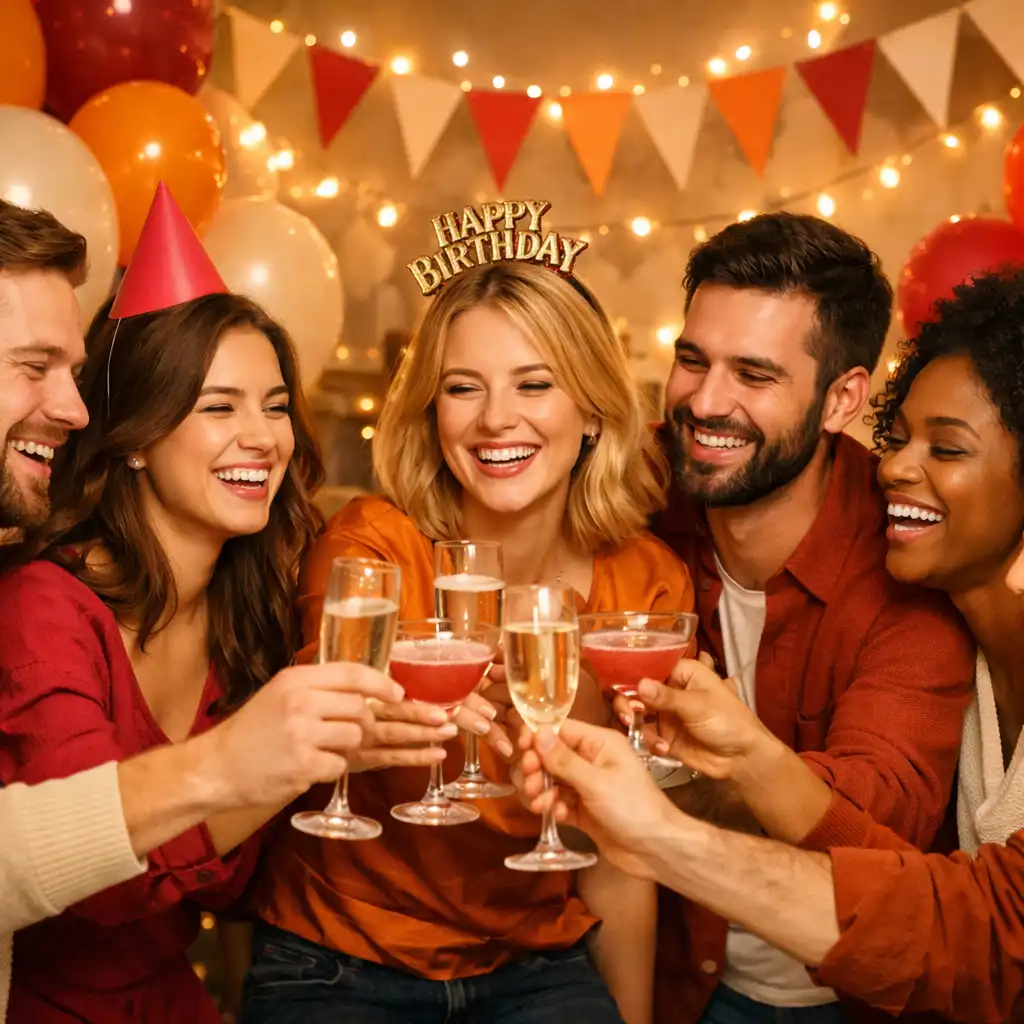 Groupe d'amis portant un toast lors d'un anniversaire festif