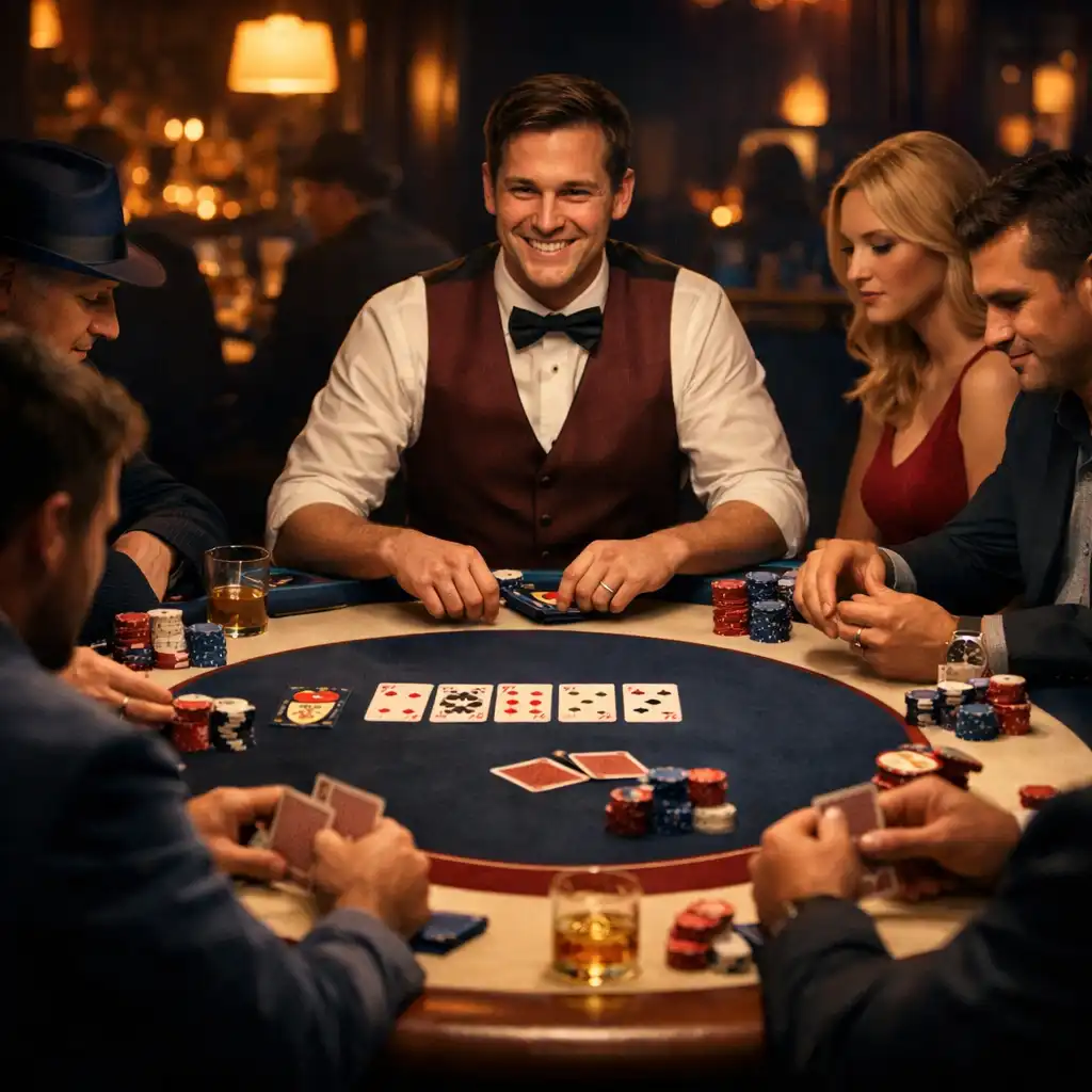 Vue d'ensemble d'une table de poker lors d'une soirée immersive