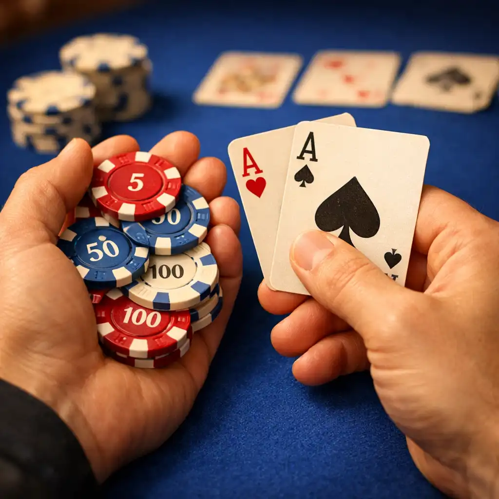 Mains tenant des jetons de poker colorés et des cartes sur une table en feutre bleu