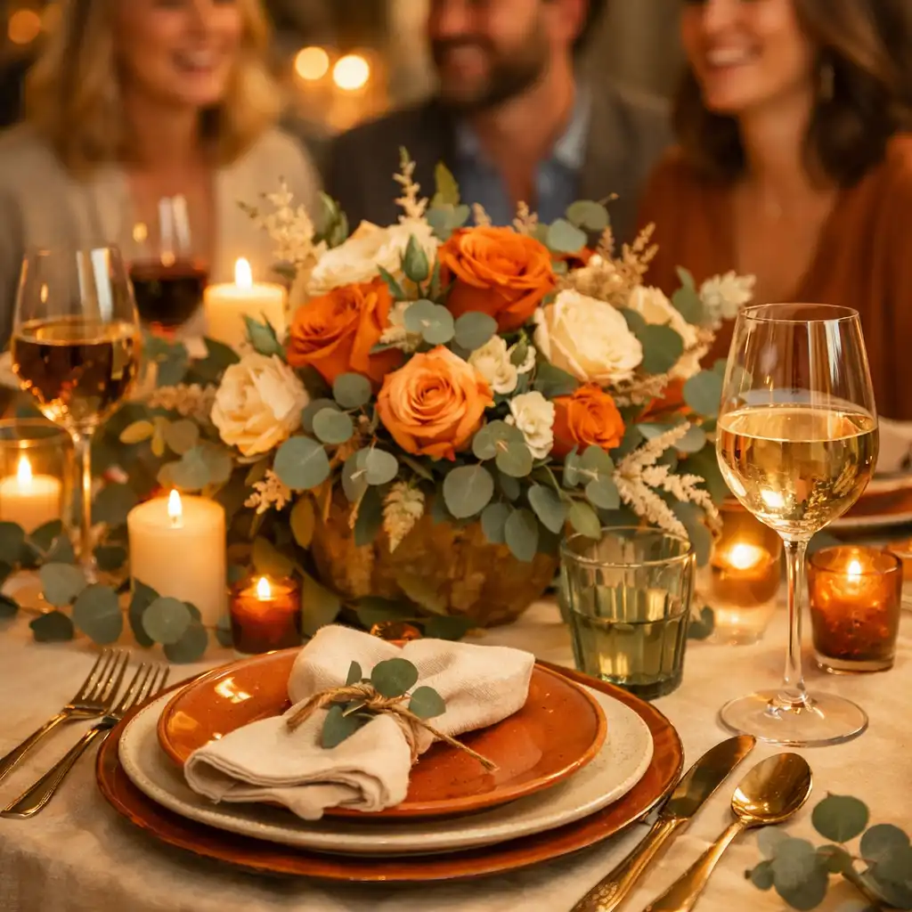 Table de dîner festive avec assiettes colorées et centre de table floral