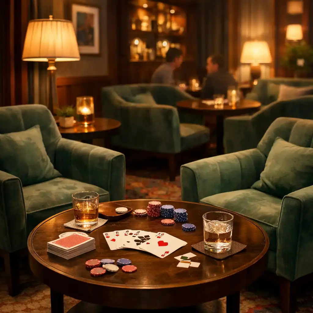 Espace Card Lounge confortable avec fauteuils en velours vert et jeux de cartes