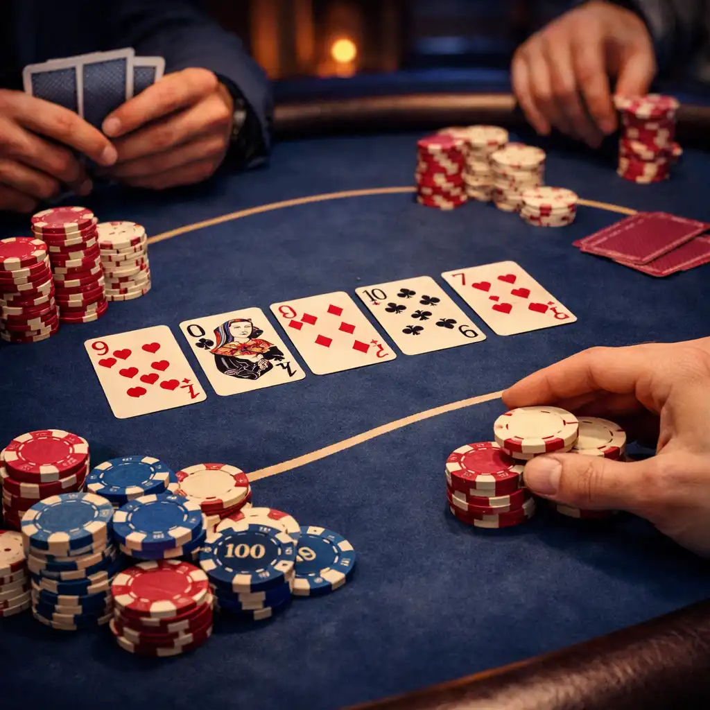 Vue rapprochée d'une table de poker professionnelle avec cartes et jetons