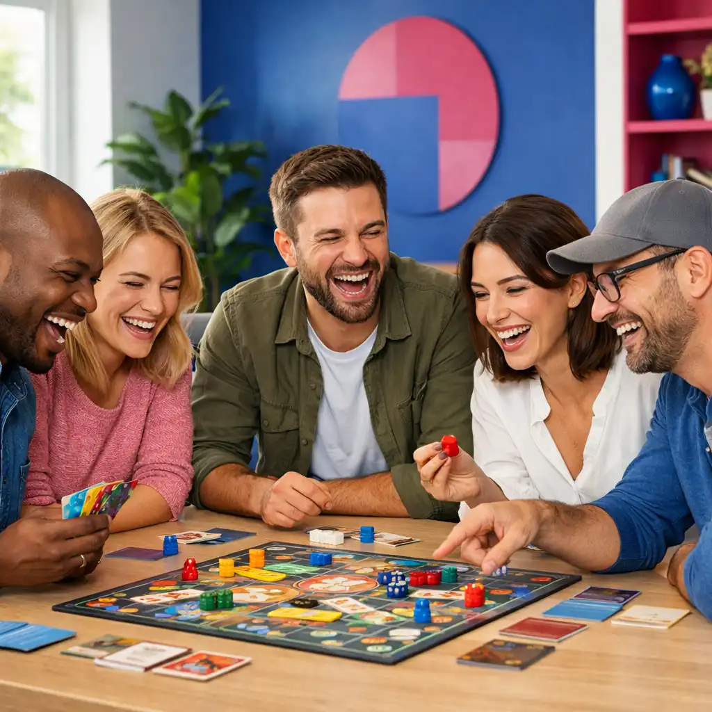 Groupe de collègues riant autour d'une table lors d'un team building
