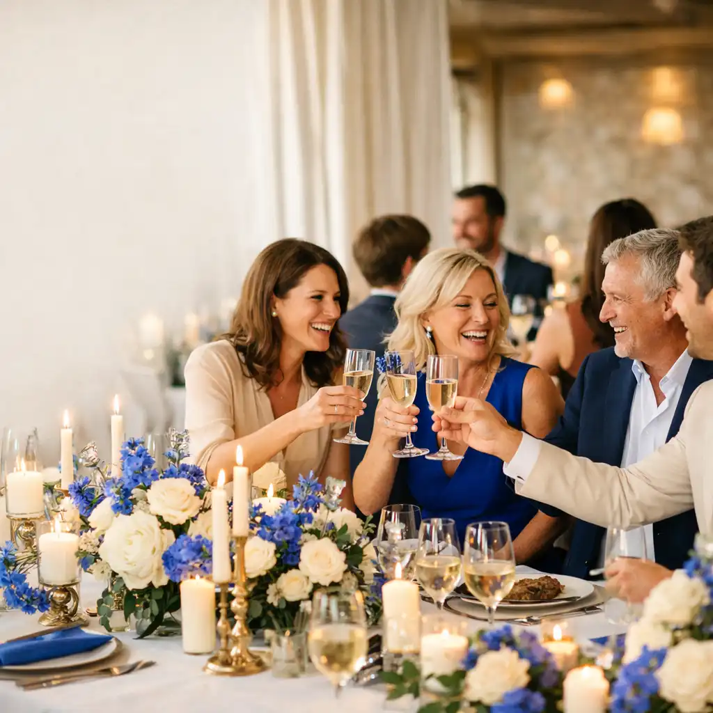 Table d'événement chaleureuse avec des invités en interaction lors d'une réception privée