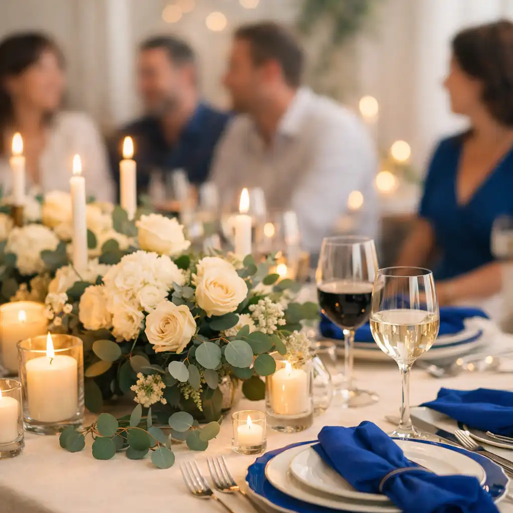 Table dressée avec bougies et décoration florale lors d'un événement privé chaleureux