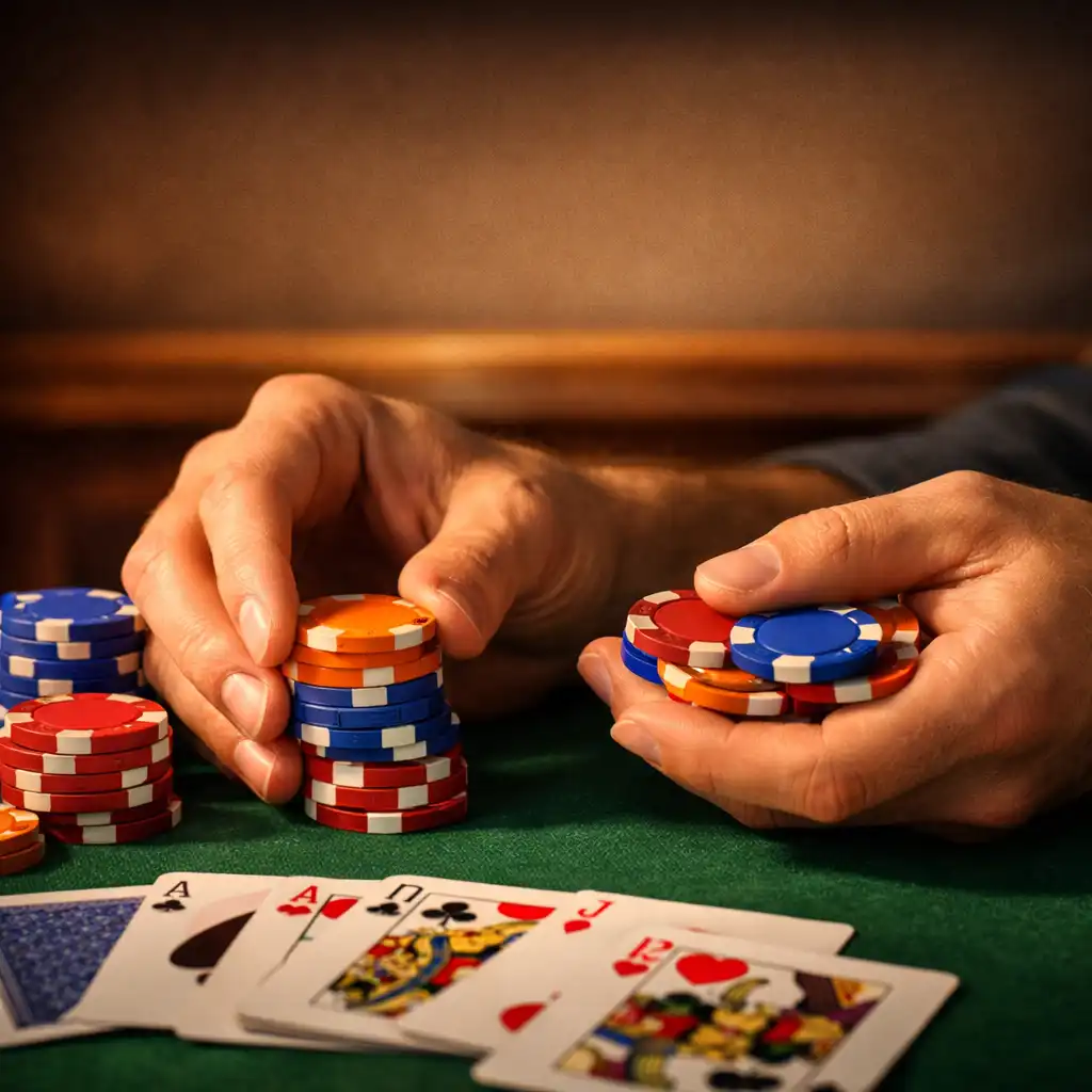Gros plan sur des mains manipulant des jetons de poker en céramique sur un tapis vert