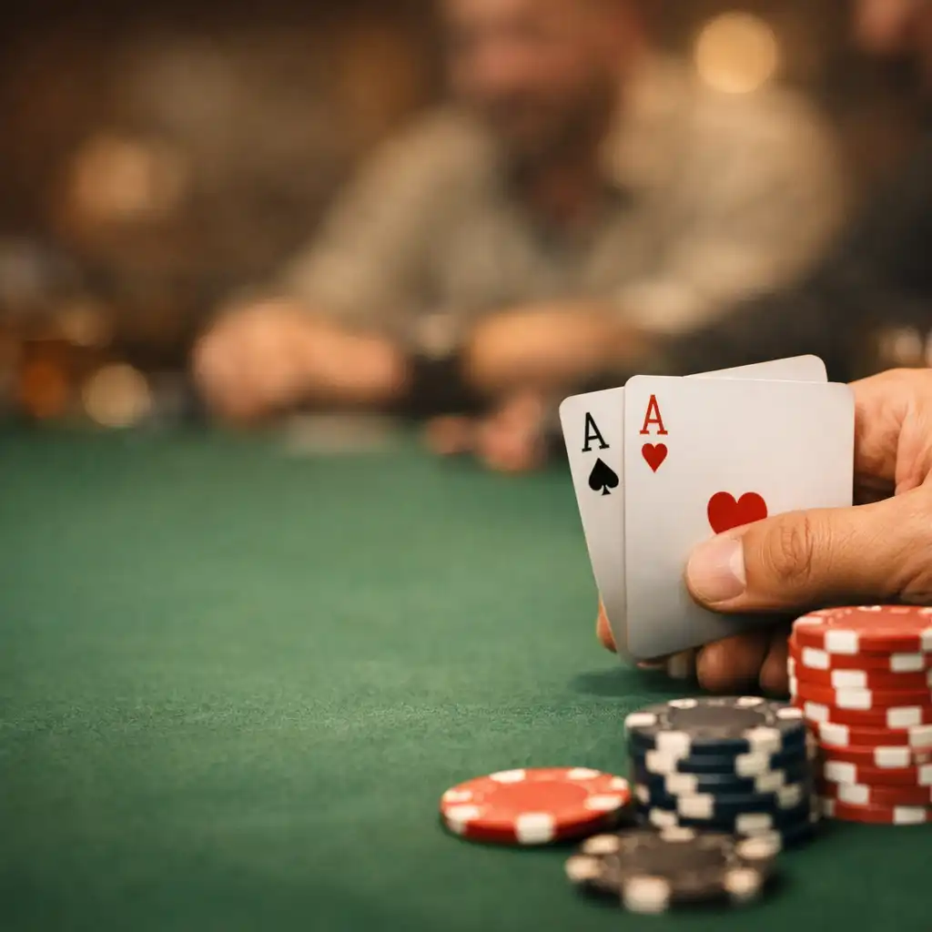 Gros plan sur une main de joueur tenant des cartes à jouer avec des jetons empilés sur une table de poker