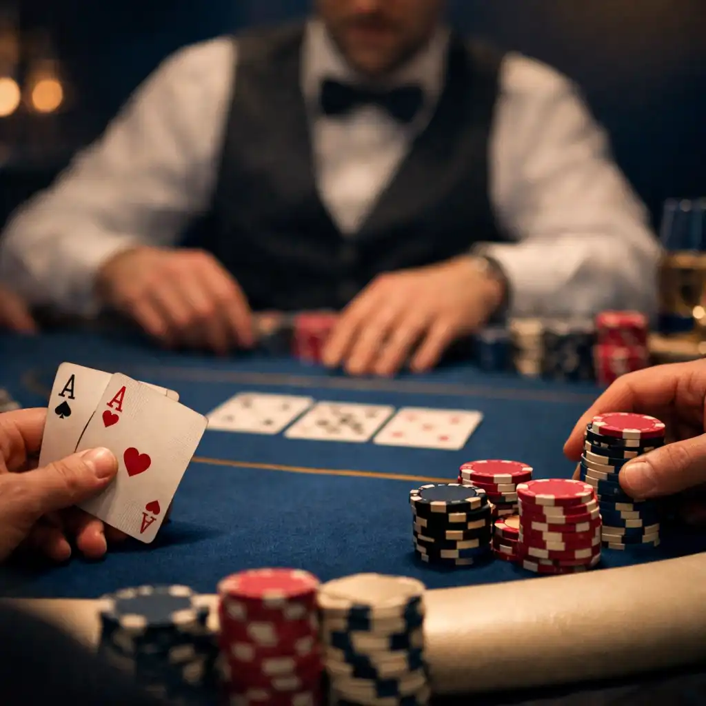 Table de poker professionnelle avec cartes, jetons et croupier lors d'une soirée privée