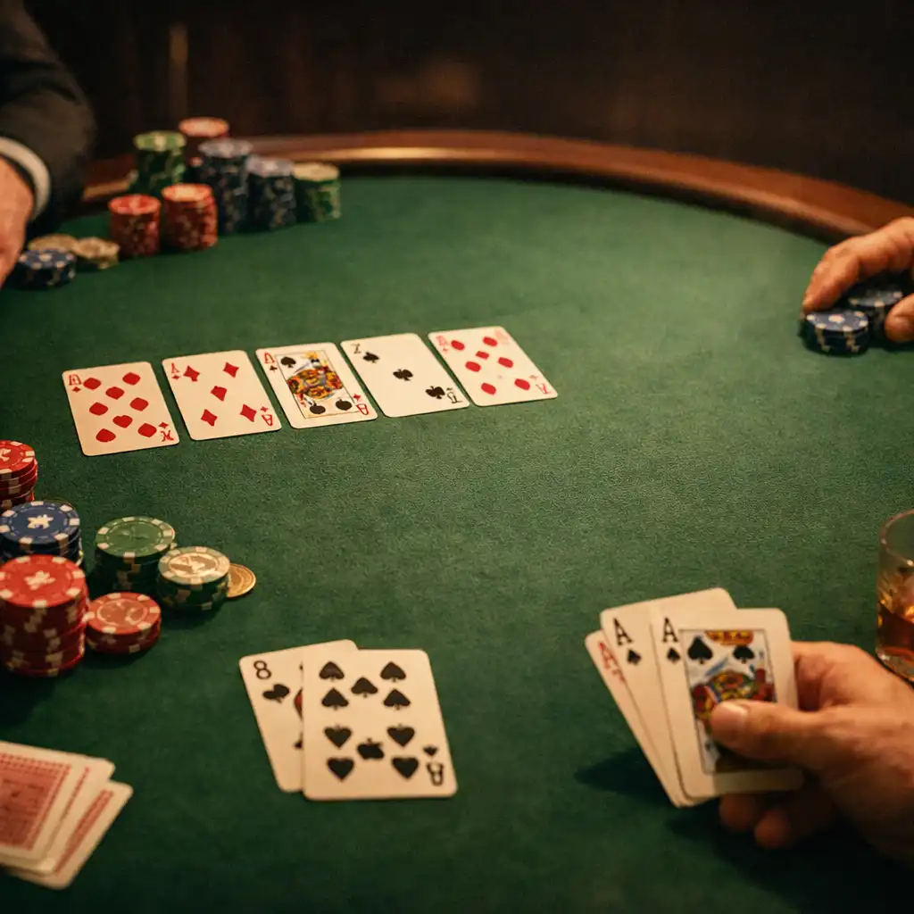 Table de poker en feutre vert avec jetons, cartes et mains de joueurs dans une ambiance chaleureuse