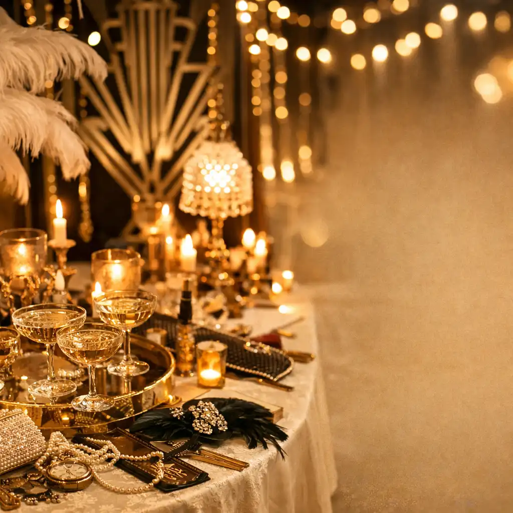 Décor de soirée thématique années folles avec éléments art déco et guirlandes lumineuses