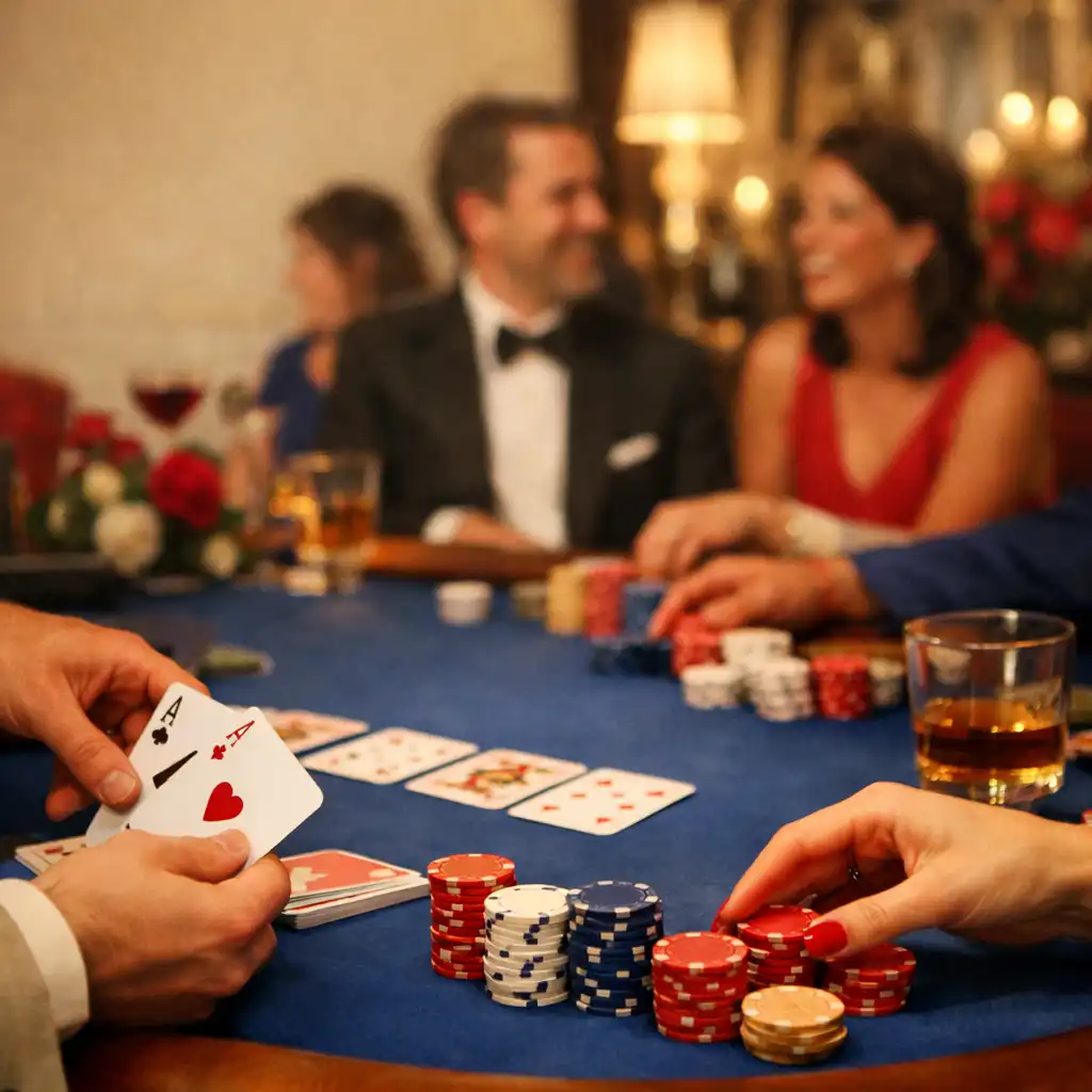 Ambiance conviviale d'une soirée thématique autour d'une table de poker élégante