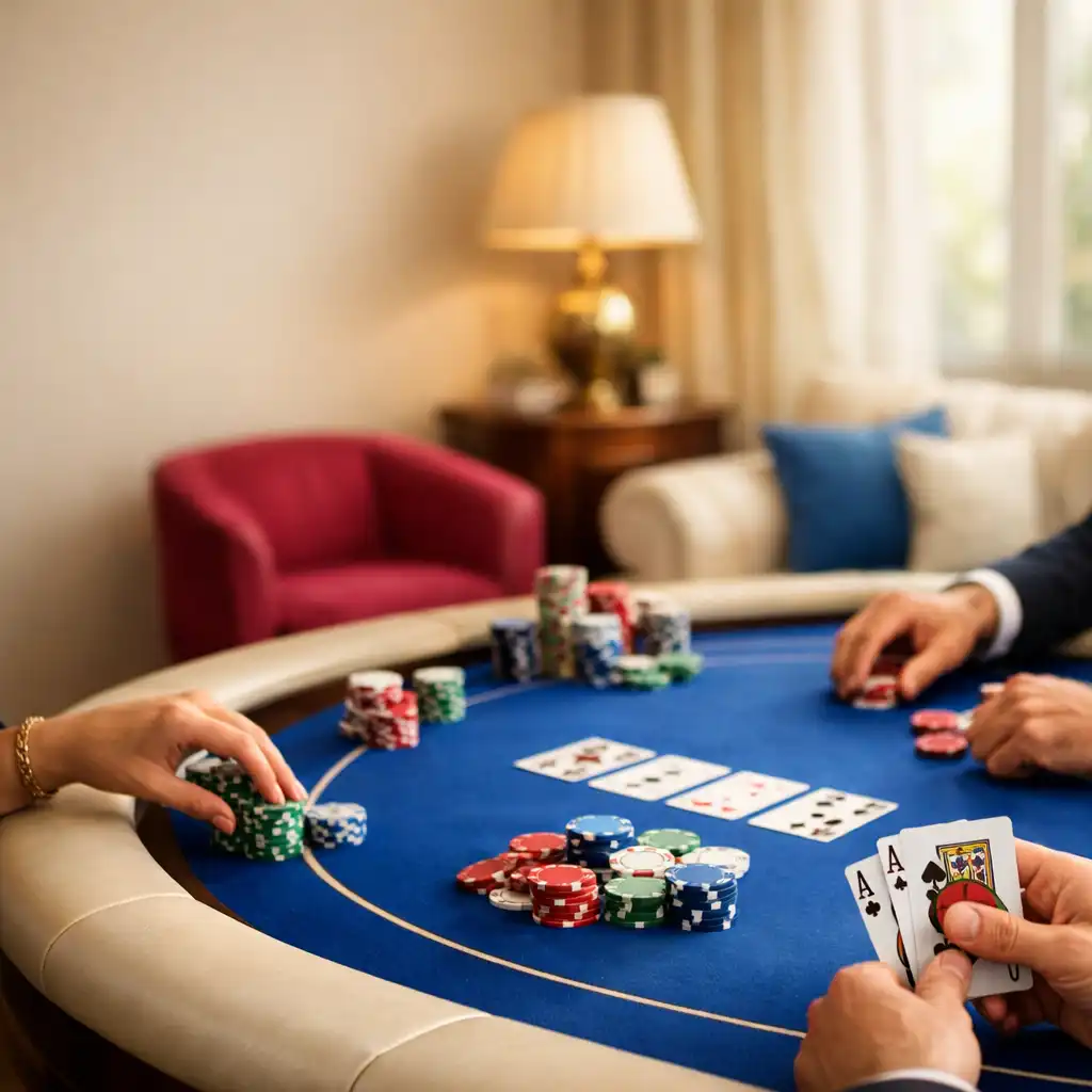 Table de poker élégante dans un salon privé chaleureux, avec cartes et jetons colorés