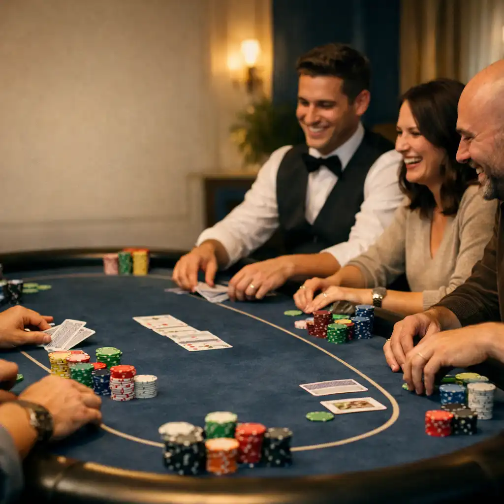 Groupe de collègues riant autour d'une table de poker professionnelle