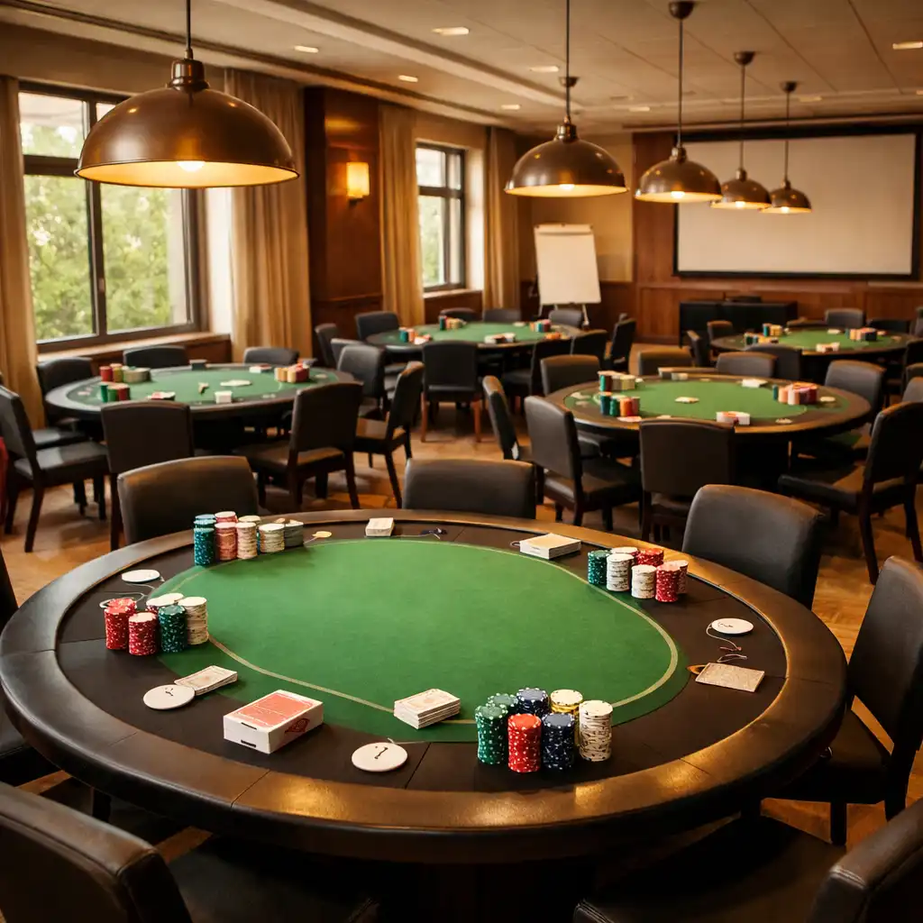 Salle de réception en cours de préparation avec tables de poker dressées et jetons empilés