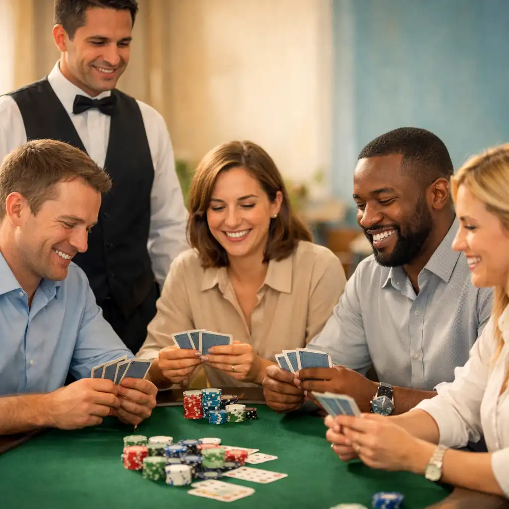 Groupe de collègues jouant au poker avec un croupier professionnel